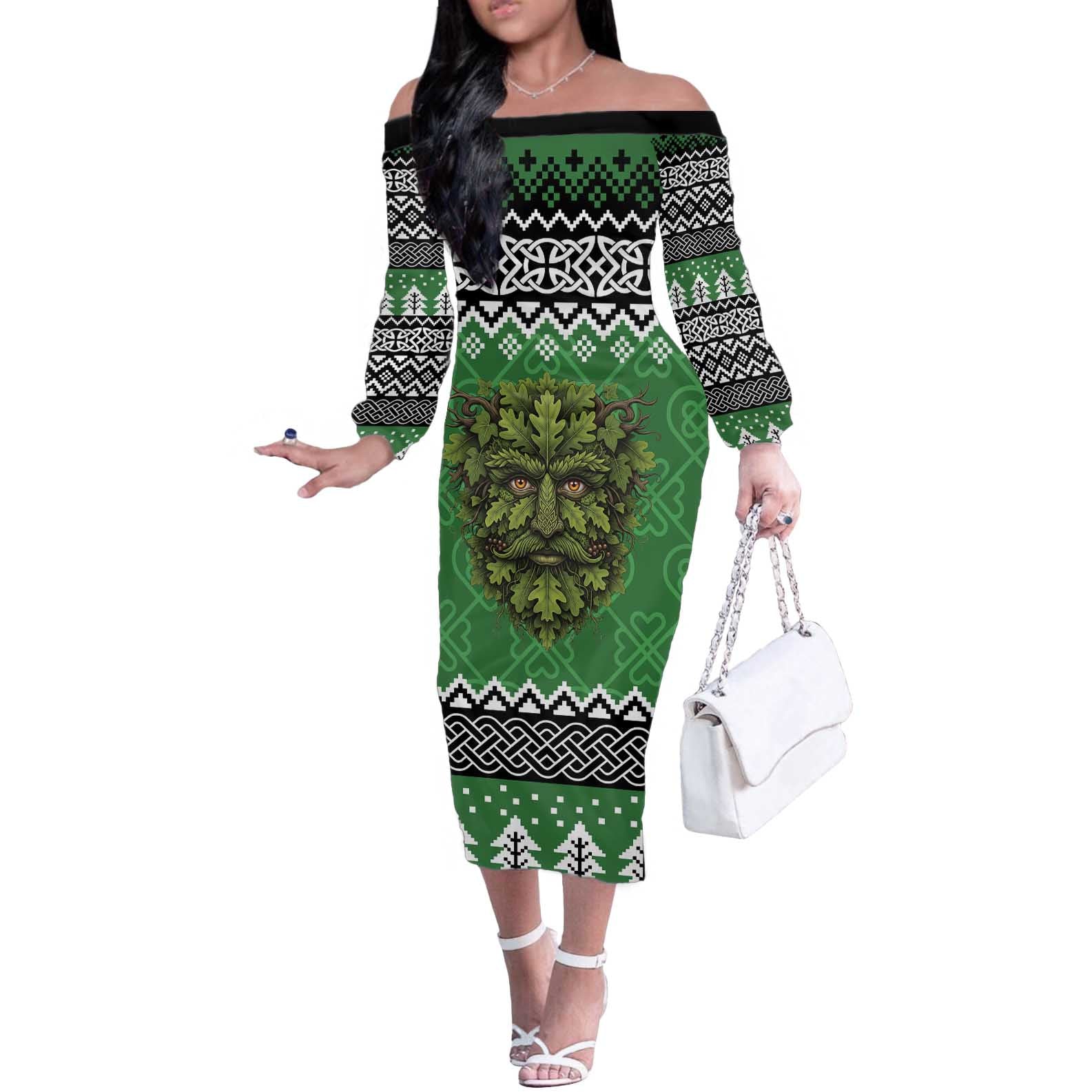 Personalized Anglesey Wales Christmas Off The Shoulder Long Sleeve Dress Green Man Celtic Knot - Wonder Print Shop