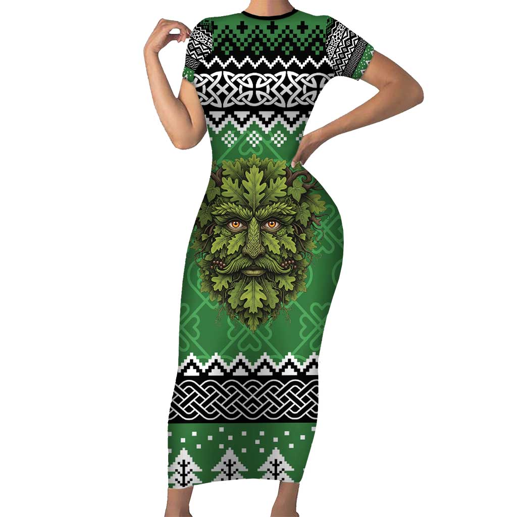 Personalized Anglesey Wales Christmas Short Sleeve Bodycon Dress Green Man Celtic Knot - Wonder Print Shop