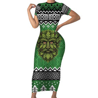 Personalized Anglesey Wales Christmas Short Sleeve Bodycon Dress Green Man Celtic Knot - Wonder Print Shop