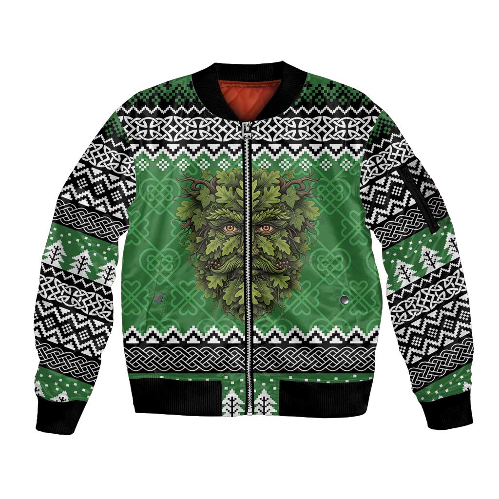 Personalized Anglesey Wales Christmas Sleeve Zip Bomber Jacket Green Man Celtic Knot - Wonder Print Shop
