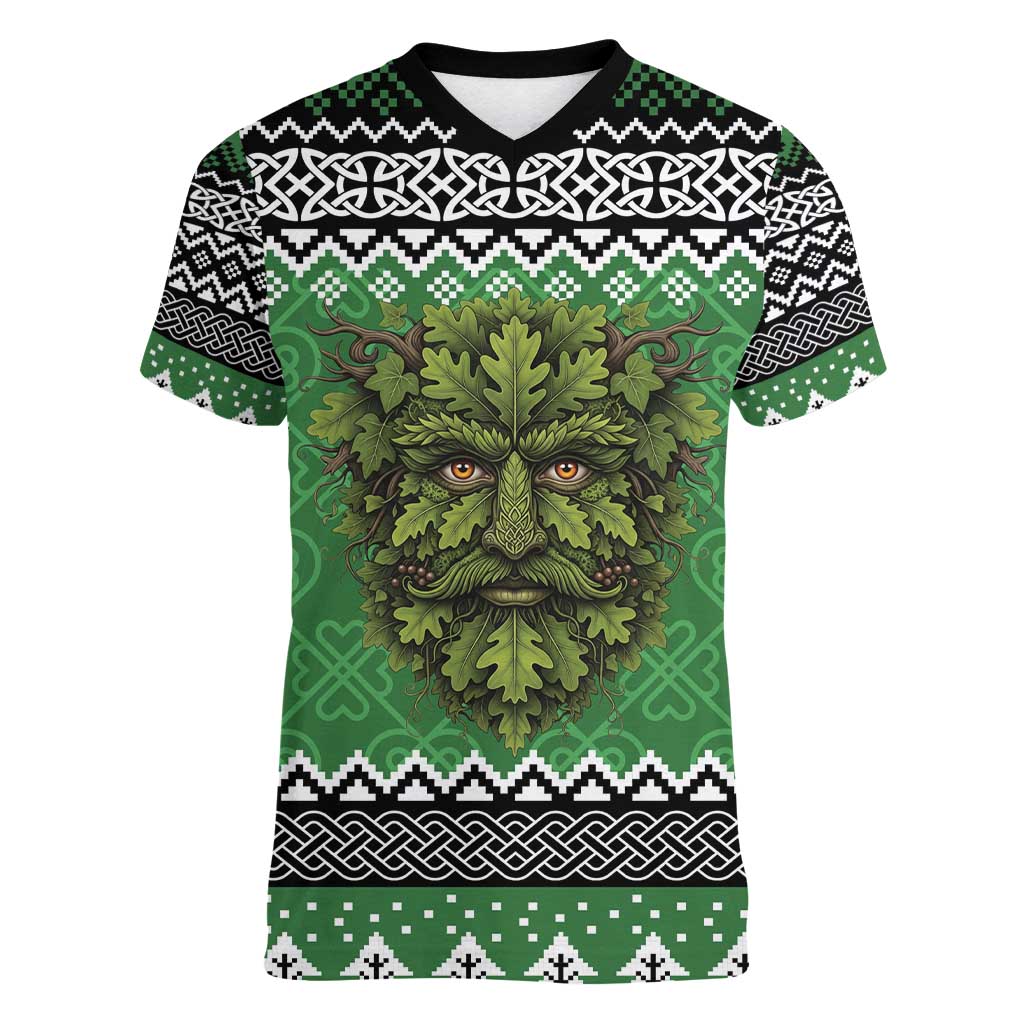 Personalized Anglesey Wales Christmas Women V-Neck T-Shirt Green Man Celtic Knot - Wonder Print Shop