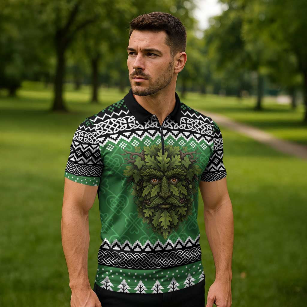 Personalized Anglesey Wales Christmas Zipper Polo Shirt Green Man Celtic Knot - Wonder Print Shop
