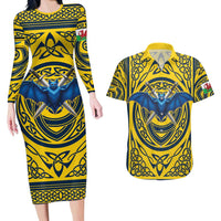 Personalized Brecknockshire Wales Couples Matching Long Sleeve Bodycon Dress and Hawaiian Shirt Welsh Celtic Bat And Swords Design - Wonder Print Shop