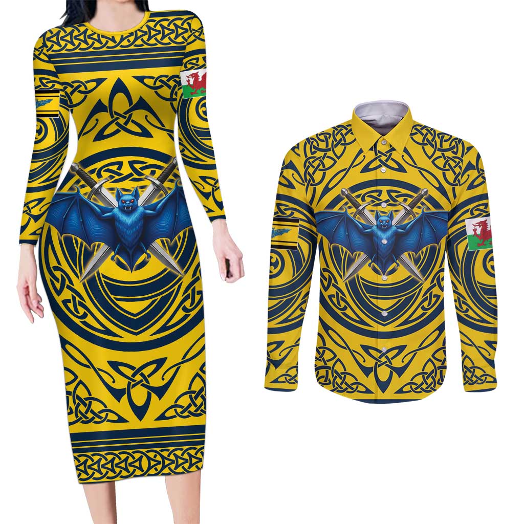 Personalized Brecknockshire Wales Couples Matching Long Sleeve Bodycon Dress and Long Sleeve Button Shirt Welsh Celtic Bat And Swords Design - Wonder Print Shop