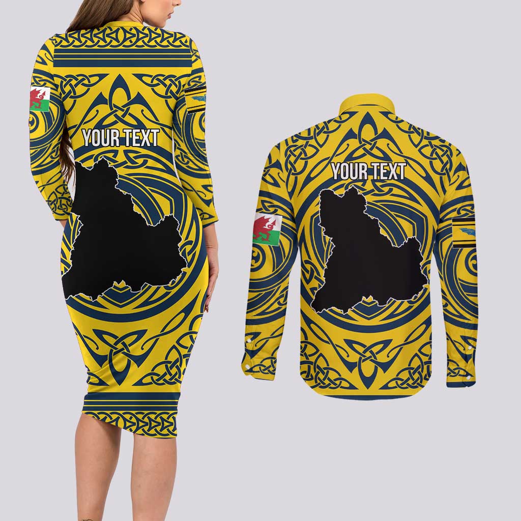 Personalized Brecknockshire Wales Couples Matching Long Sleeve Bodycon Dress and Long Sleeve Button Shirt Welsh Celtic Bat And Swords Design - Wonder Print Shop