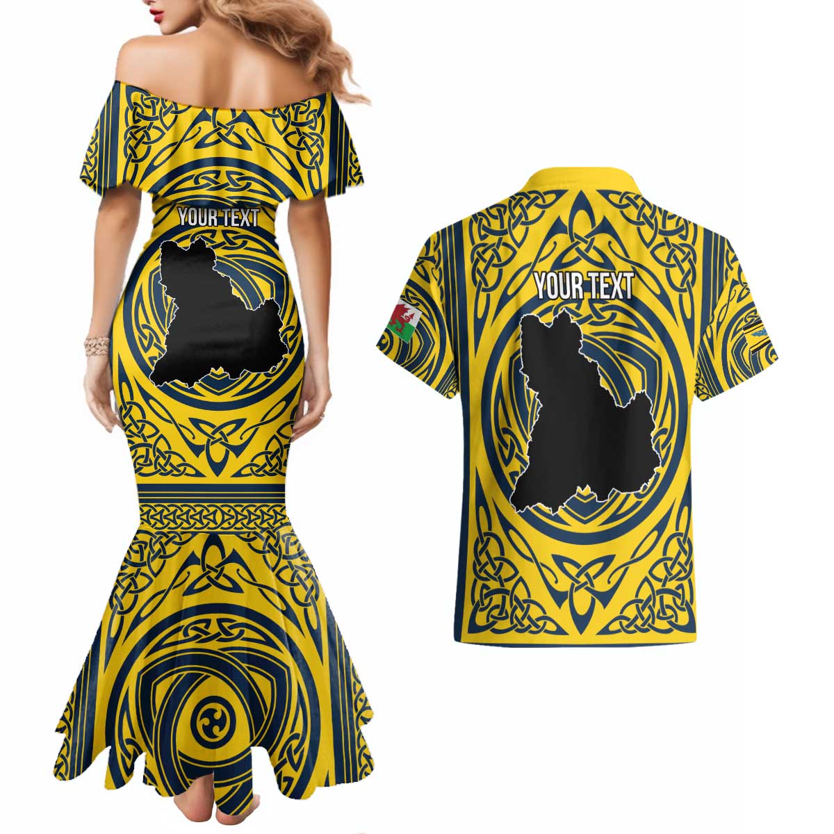 Personalized Brecknockshire Wales Couples Matching Mermaid Dress and Hawaiian Shirt Welsh Celtic Bat And Swords Design - Wonder Print Shop