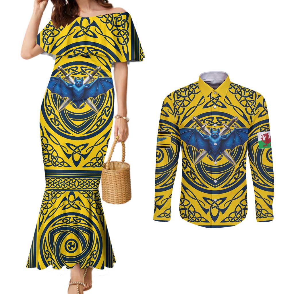 Personalized Brecknockshire Wales Couples Matching Mermaid Dress and Long Sleeve Button Shirt Welsh Celtic Bat And Swords Design - Wonder Print Shop