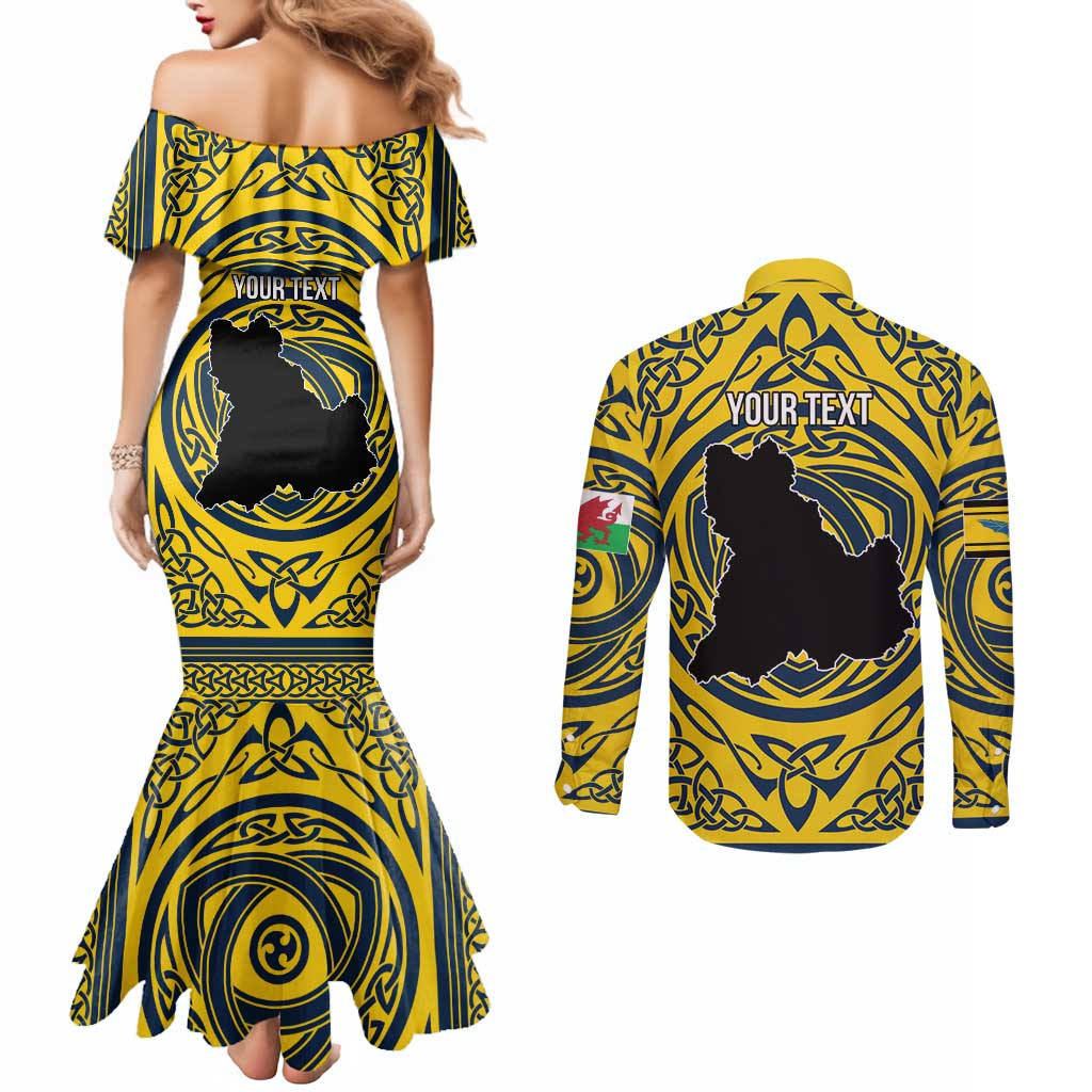 Personalized Brecknockshire Wales Couples Matching Mermaid Dress and Long Sleeve Button Shirt Welsh Celtic Bat And Swords Design - Wonder Print Shop