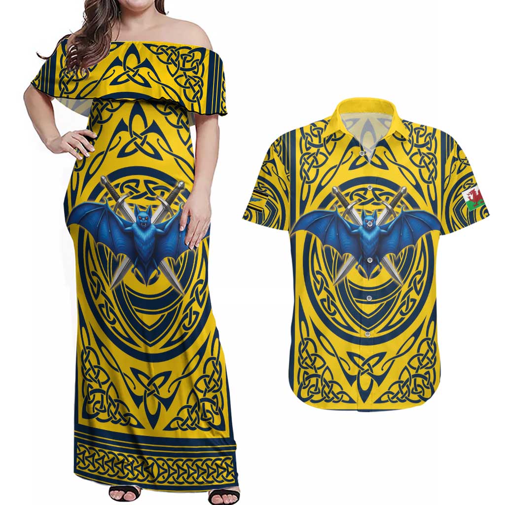 Personalized Brecknockshire Wales Couples Matching Off Shoulder Maxi Dress and Hawaiian Shirt Welsh Celtic Bat And Swords Design - Wonder Print Shop