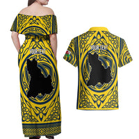 Personalized Brecknockshire Wales Couples Matching Off Shoulder Maxi Dress and Hawaiian Shirt Welsh Celtic Bat And Swords Design - Wonder Print Shop