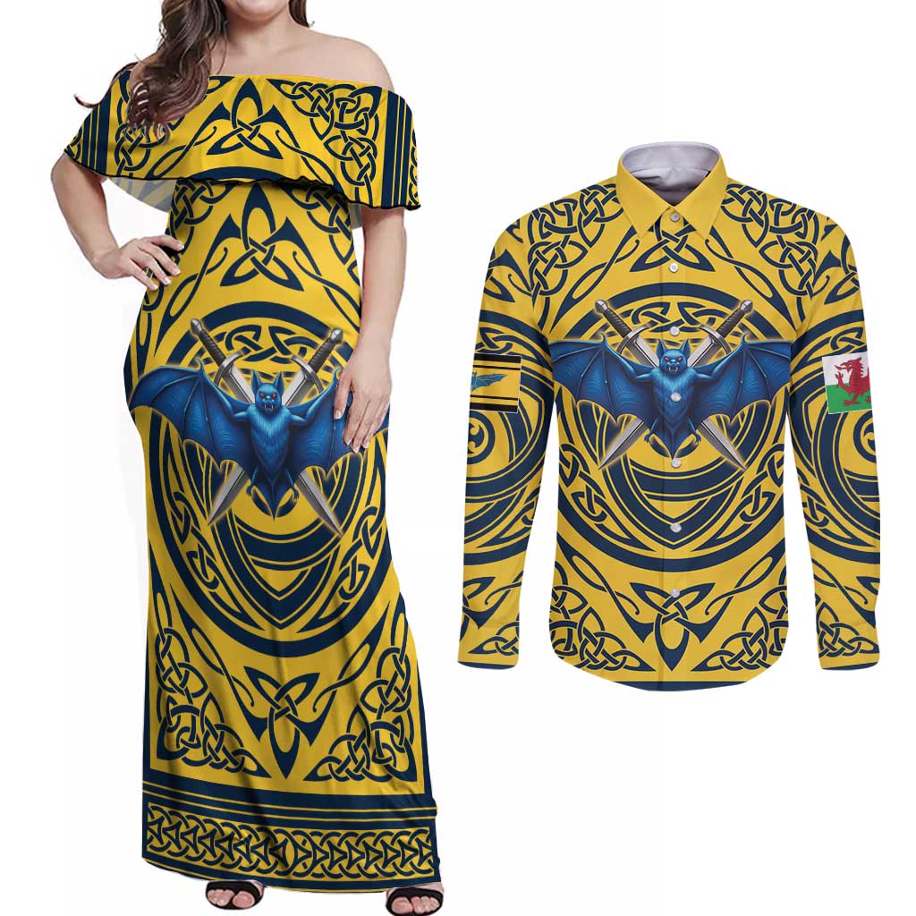 Personalized Brecknockshire Wales Couples Matching Off Shoulder Maxi Dress and Long Sleeve Button Shirt Welsh Celtic Bat And Swords Design - Wonder Print Shop