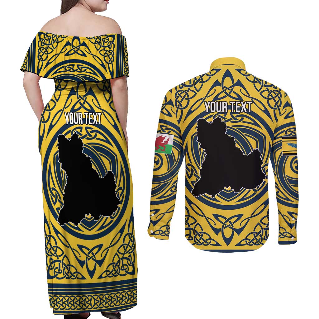 Personalized Brecknockshire Wales Couples Matching Off Shoulder Maxi Dress and Long Sleeve Button Shirt Welsh Celtic Bat And Swords Design - Wonder Print Shop