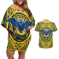 Personalized Brecknockshire Wales Couples Matching Off Shoulder Short Dress and Hawaiian Shirt Welsh Celtic Bat And Swords Design - Wonder Print Shop