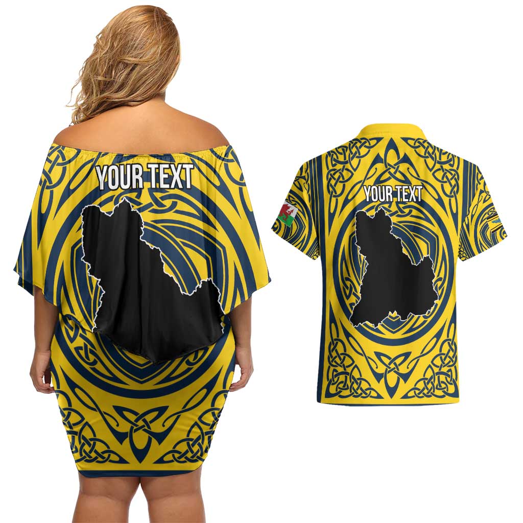 Personalized Brecknockshire Wales Couples Matching Off Shoulder Short Dress and Hawaiian Shirt Welsh Celtic Bat And Swords Design - Wonder Print Shop