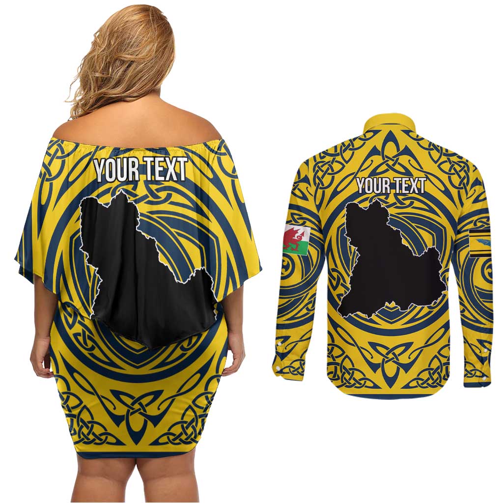Personalized Brecknockshire Wales Couples Matching Off Shoulder Short Dress and Long Sleeve Button Shirt Welsh Celtic Bat And Swords Design - Wonder Print Shop