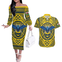 Personalized Brecknockshire Wales Couples Matching Off The Shoulder Long Sleeve Dress and Hawaiian Shirt Welsh Celtic Bat And Swords Design - Wonder Print Shop