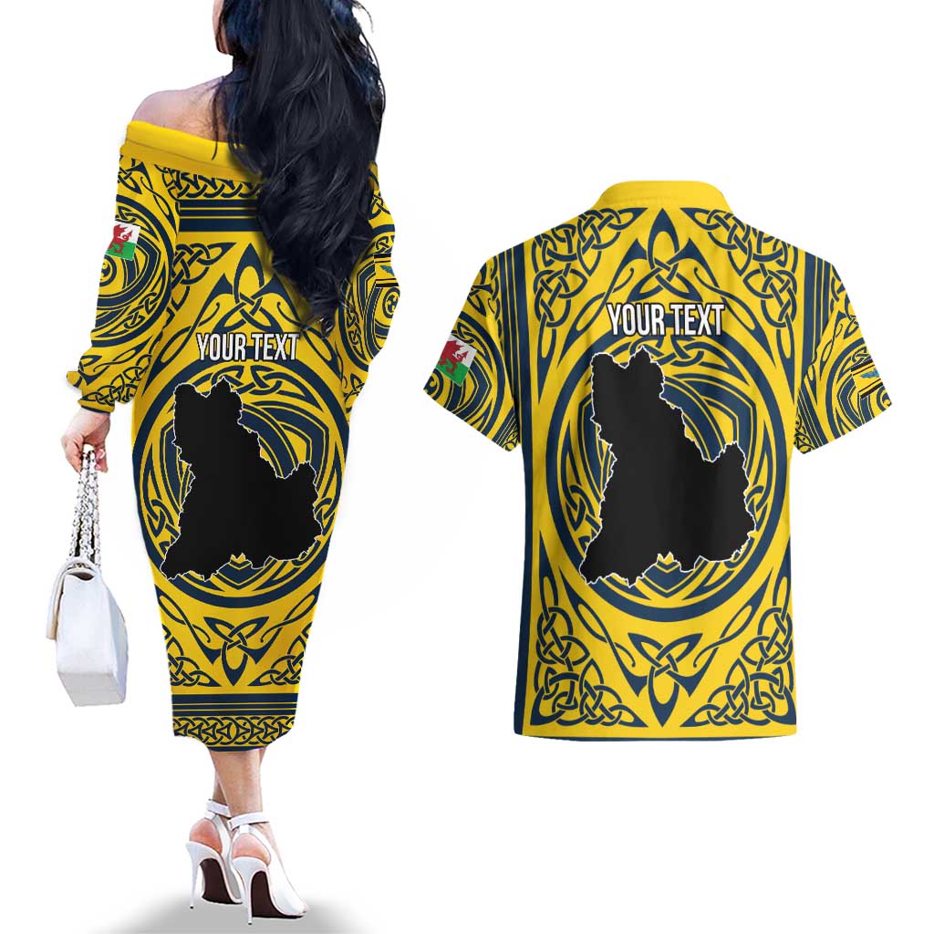 Personalized Brecknockshire Wales Couples Matching Off The Shoulder Long Sleeve Dress and Hawaiian Shirt Welsh Celtic Bat And Swords Design - Wonder Print Shop