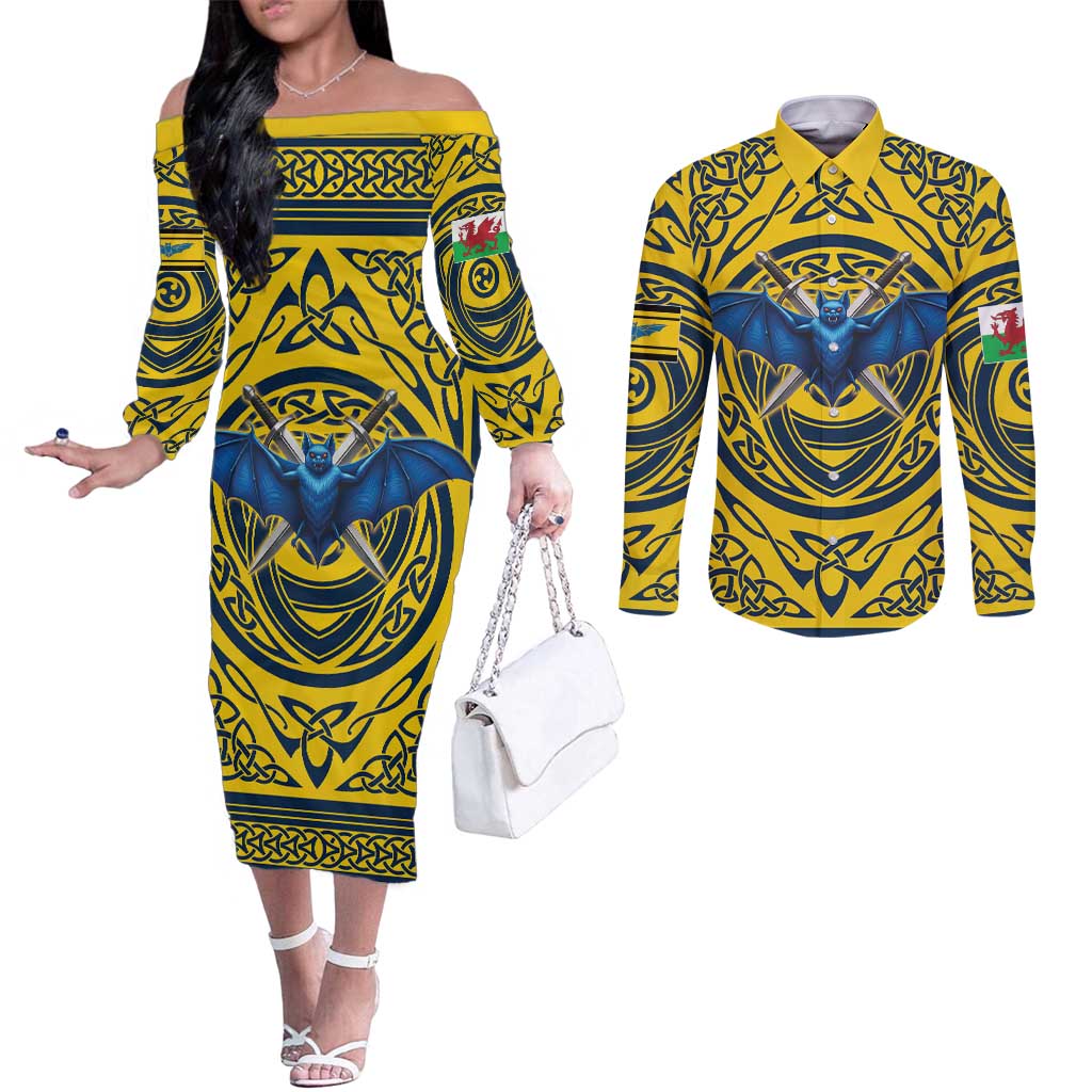 Personalized Brecknockshire Wales Couples Matching Off The Shoulder Long Sleeve Dress and Long Sleeve Button Shirt Welsh Celtic Bat And Swords Design - Wonder Print Shop