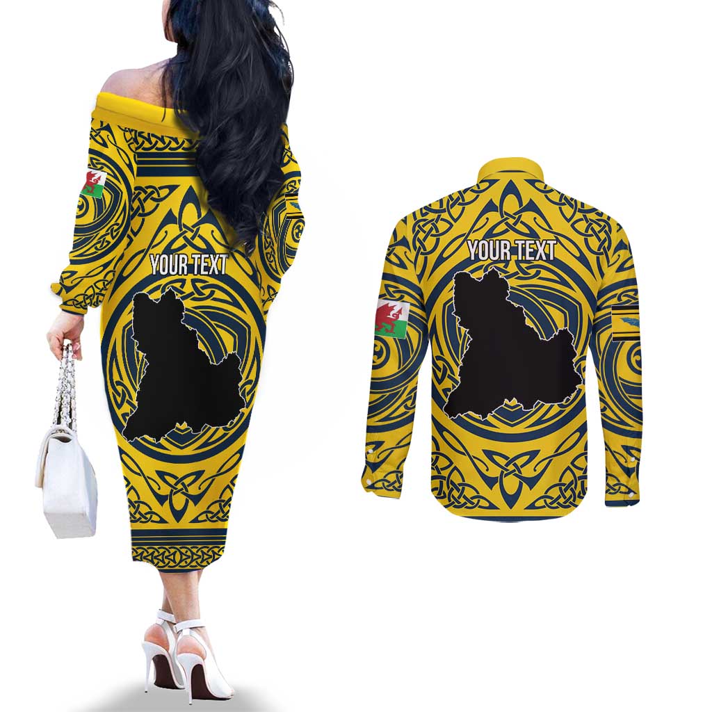 Personalized Brecknockshire Wales Couples Matching Off The Shoulder Long Sleeve Dress and Long Sleeve Button Shirt Welsh Celtic Bat And Swords Design - Wonder Print Shop