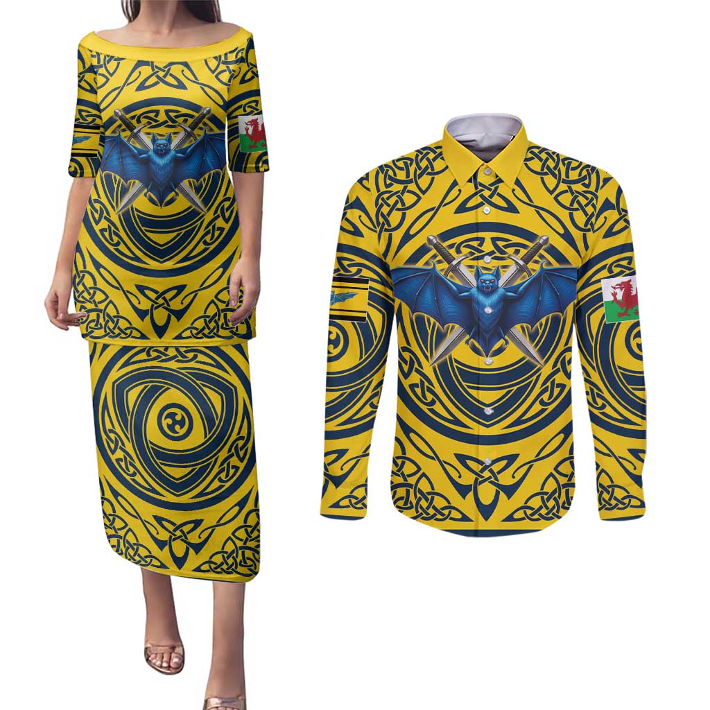 Personalized Brecknockshire Wales Couples Matching Puletasi and Long Sleeve Button Shirt Welsh Celtic Bat And Swords Design - Wonder Print Shop