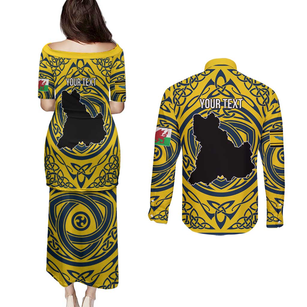 Personalized Brecknockshire Wales Couples Matching Puletasi and Long Sleeve Button Shirt Welsh Celtic Bat And Swords Design - Wonder Print Shop