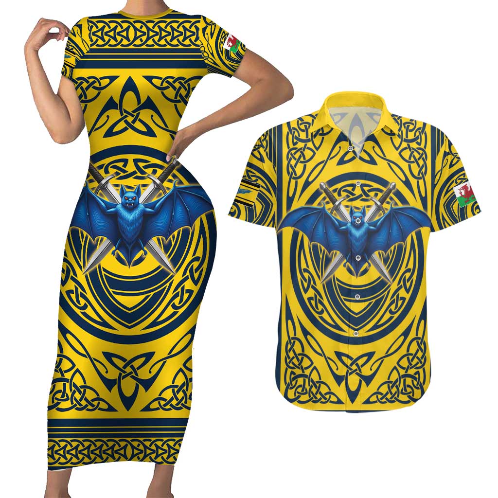 Personalized Brecknockshire Wales Couples Matching Short Sleeve Bodycon Dress and Hawaiian Shirt Welsh Celtic Bat And Swords Design - Wonder Print Shop