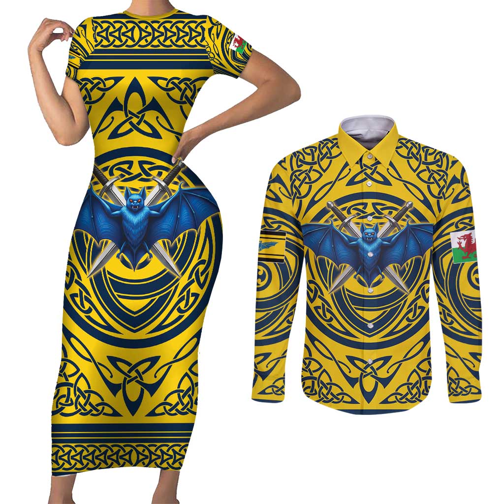 Personalized Brecknockshire Wales Couples Matching Short Sleeve Bodycon Dress and Long Sleeve Button Shirt Welsh Celtic Bat And Swords Design - Wonder Print Shop