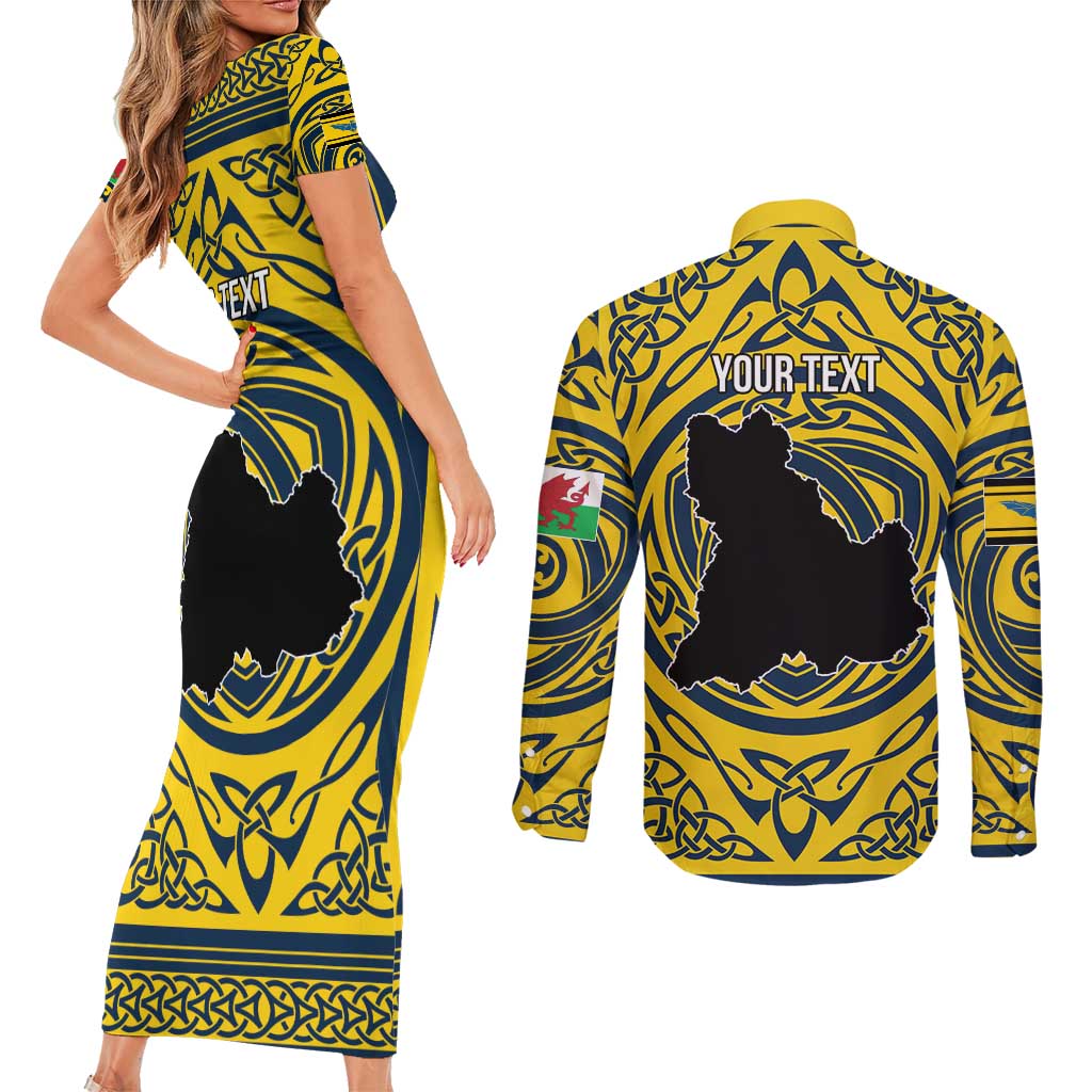 Personalized Brecknockshire Wales Couples Matching Short Sleeve Bodycon Dress and Long Sleeve Button Shirt Welsh Celtic Bat And Swords Design - Wonder Print Shop