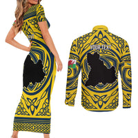 Personalized Brecknockshire Wales Couples Matching Short Sleeve Bodycon Dress and Long Sleeve Button Shirt Welsh Celtic Bat And Swords Design - Wonder Print Shop
