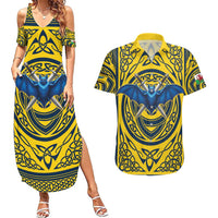 Personalized Brecknockshire Wales Couples Matching Summer Maxi Dress and Hawaiian Shirt Welsh Celtic Bat And Swords Design - Wonder Print Shop