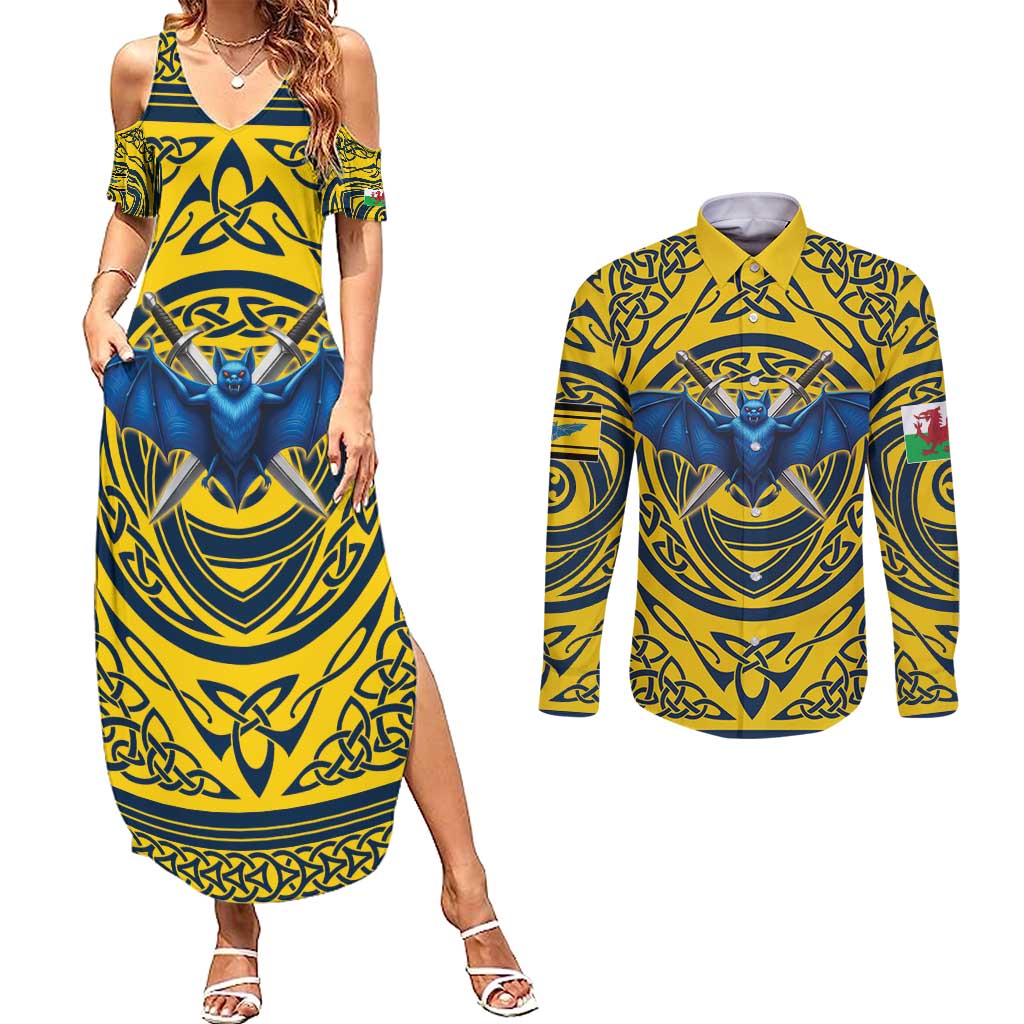 Personalized Brecknockshire Wales Couples Matching Summer Maxi Dress and Long Sleeve Button Shirt Welsh Celtic Bat And Swords Design - Wonder Print Shop