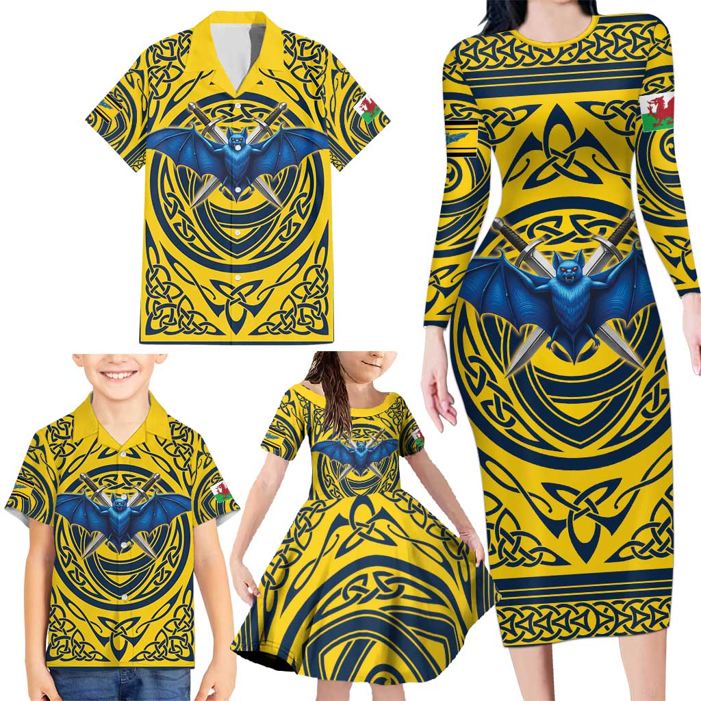 Personalized Brecknockshire Wales Family Matching Long Sleeve Bodycon Dress and Hawaiian Shirt Welsh Celtic Bat And Swords Design - Wonder Print Shop