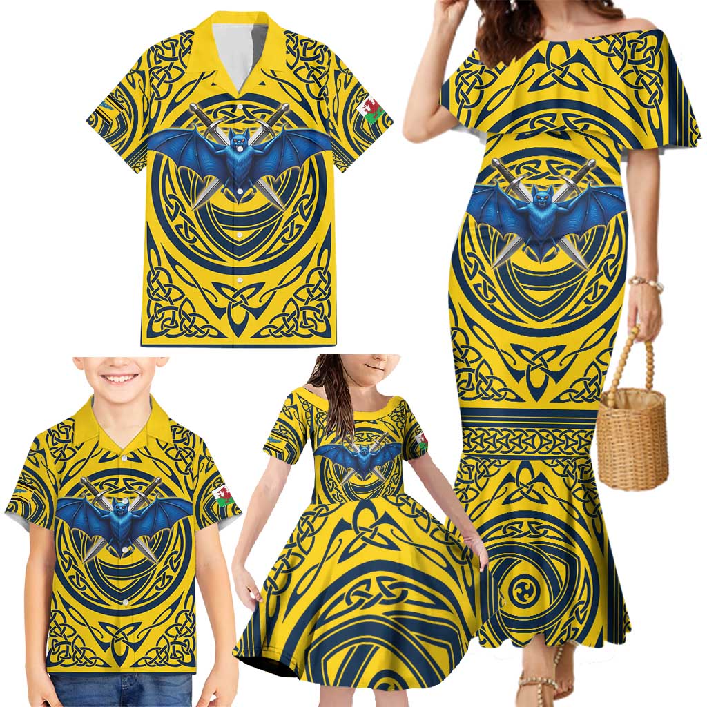 Personalized Brecknockshire Wales Family Matching Mermaid Dress and Hawaiian Shirt Welsh Celtic Bat And Swords Design - Wonder Print Shop