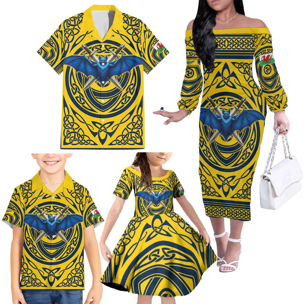 Personalized Brecknockshire Wales Family Matching Off The Shoulder Long Sleeve Dress and Hawaiian Shirt Welsh Celtic Bat And Swords Design - Wonder Print Shop