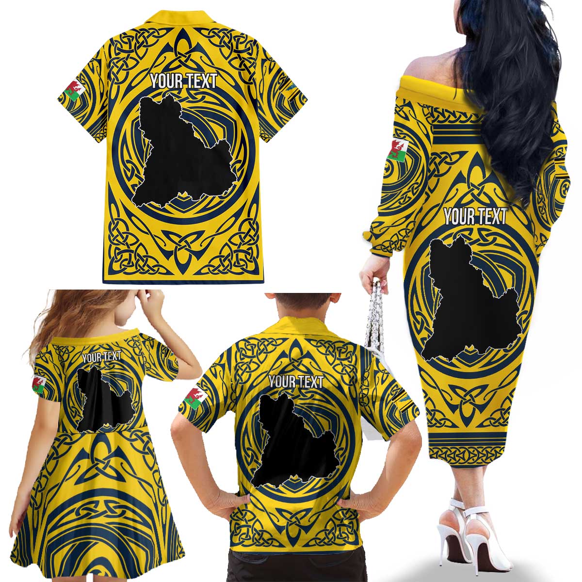 Personalized Brecknockshire Wales Family Matching Off The Shoulder Long Sleeve Dress and Hawaiian Shirt Welsh Celtic Bat And Swords Design - Wonder Print Shop