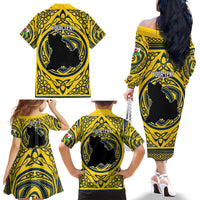 Personalized Brecknockshire Wales Family Matching Off The Shoulder Long Sleeve Dress and Hawaiian Shirt Welsh Celtic Bat And Swords Design - Wonder Print Shop