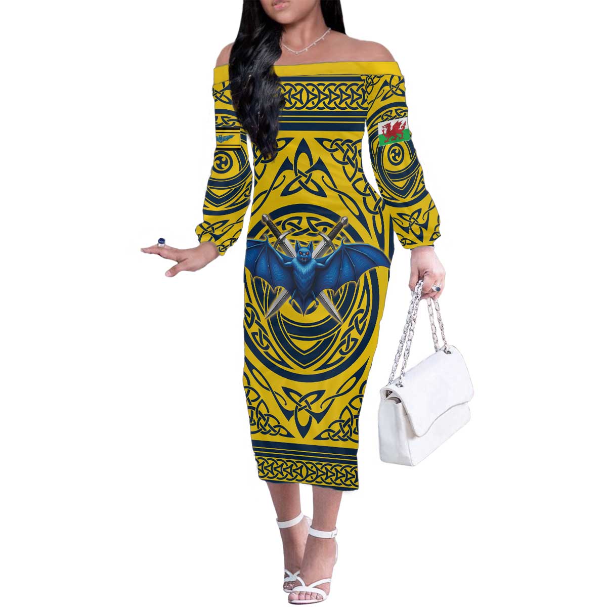 Personalized Brecknockshire Wales Family Matching Off The Shoulder Long Sleeve Dress and Hawaiian Shirt Welsh Celtic Bat And Swords Design - Wonder Print Shop