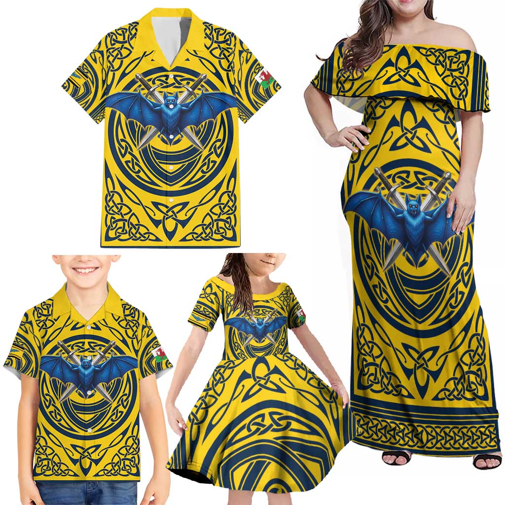 Personalized Brecknockshire Wales Family Matching Off Shoulder Maxi Dress and Hawaiian Shirt Welsh Celtic Bat And Swords Design - Wonder Print Shop