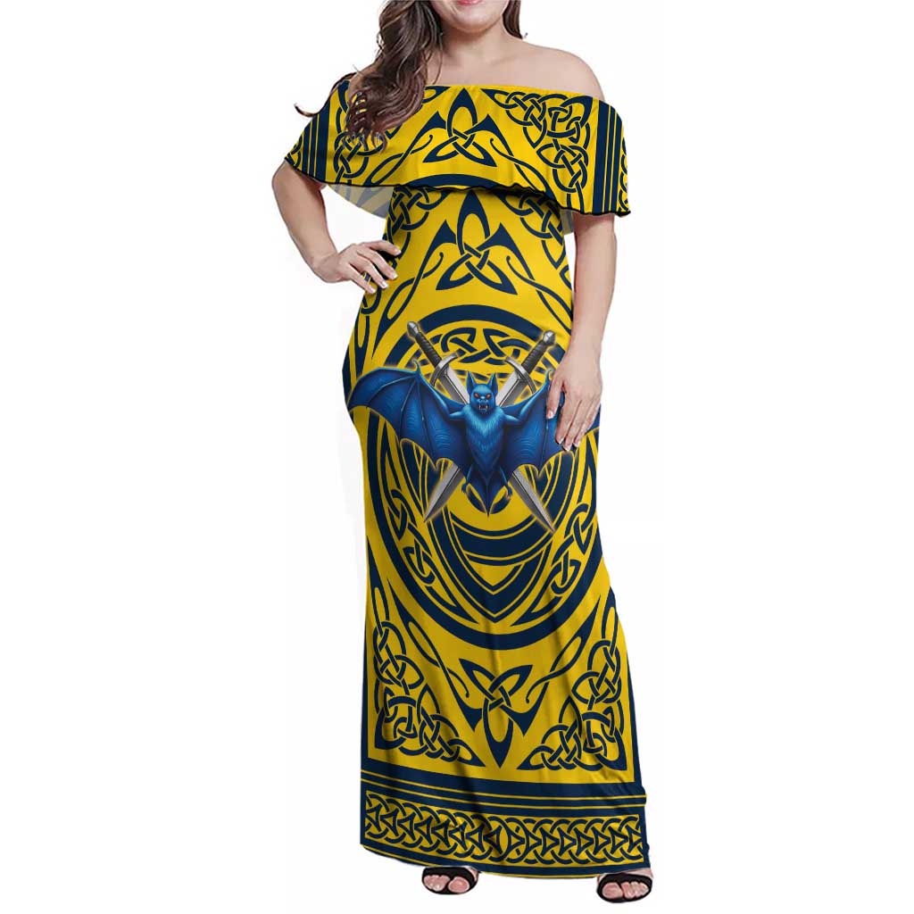 Personalized Brecknockshire Wales Family Matching Off Shoulder Maxi Dress and Hawaiian Shirt Welsh Celtic Bat And Swords Design - Wonder Print Shop