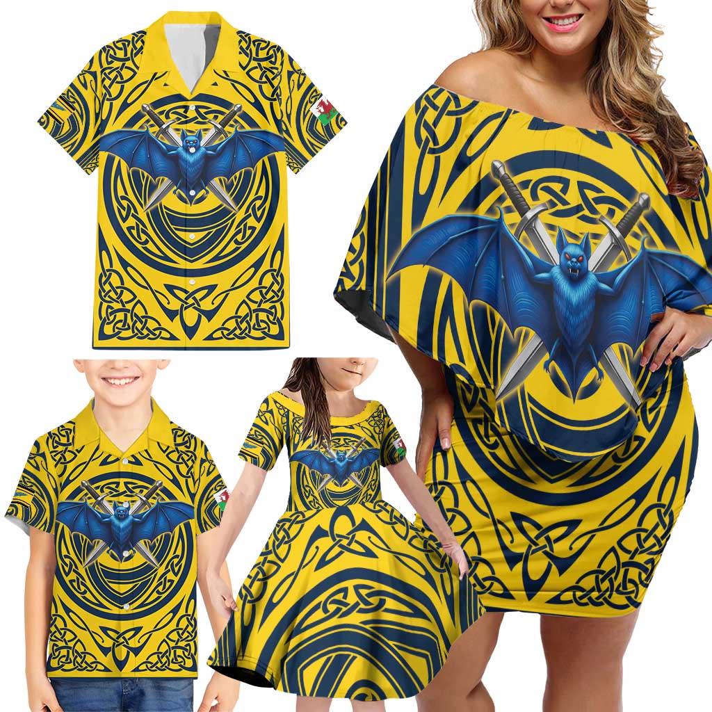 Personalized Brecknockshire Wales Family Matching Off Shoulder Short Dress and Hawaiian Shirt Welsh Celtic Bat And Swords Design - Wonder Print Shop