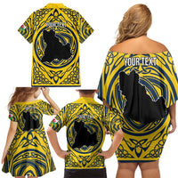 Personalized Brecknockshire Wales Family Matching Off Shoulder Short Dress and Hawaiian Shirt Welsh Celtic Bat And Swords Design - Wonder Print Shop