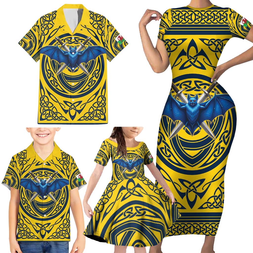 Personalized Brecknockshire Wales Family Matching Short Sleeve Bodycon Dress and Hawaiian Shirt Welsh Celtic Bat And Swords Design - Wonder Print Shop
