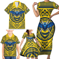 Personalized Brecknockshire Wales Family Matching Short Sleeve Bodycon Dress and Hawaiian Shirt Welsh Celtic Bat And Swords Design - Wonder Print Shop