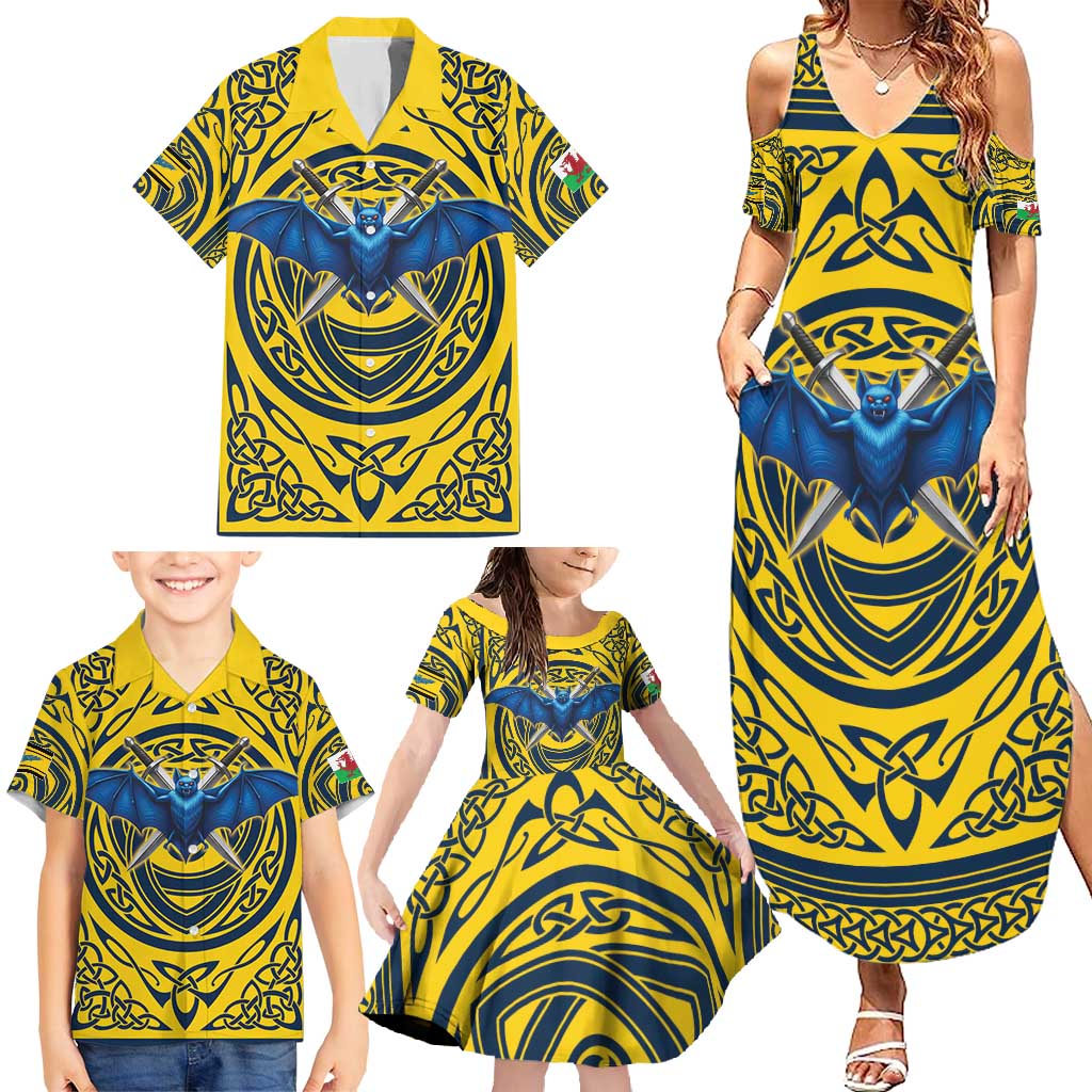 Personalized Brecknockshire Wales Family Matching Summer Maxi Dress and Hawaiian Shirt Welsh Celtic Bat And Swords Design - Wonder Print Shop