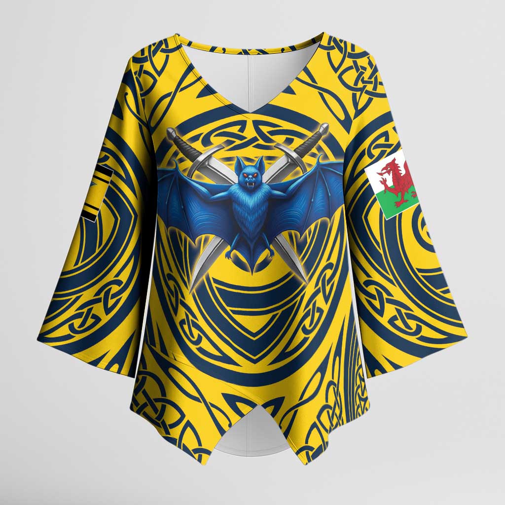 Personalized Brecknockshire Wales Kimono Sleeve Blouse Welsh Celtic Bat And Swords Design - Wonder Print Shop