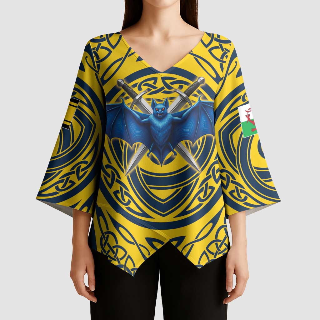 Personalized Brecknockshire Wales Kimono Sleeve Blouse Welsh Celtic Bat And Swords Design - Wonder Print Shop