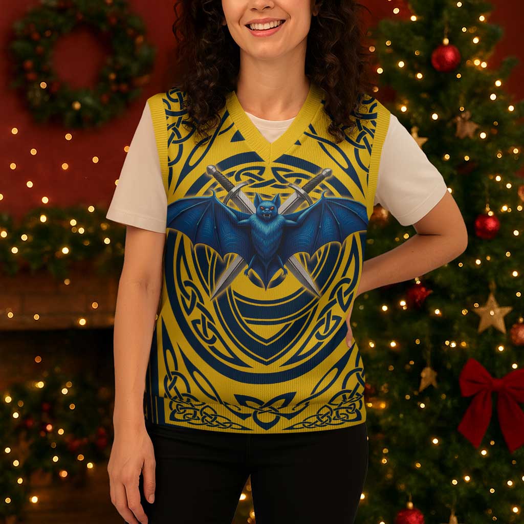 Personalized Brecknockshire Wales Christmas Knitted V-Neck Vest Welsh Celtic Bat And Swords Design - Wonder Print Shop