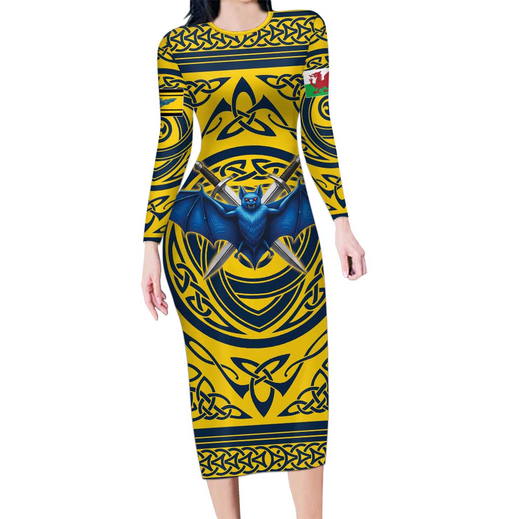 Personalized Brecknockshire Wales Long Sleeve Bodycon Dress Welsh Celtic Bat And Swords Design - Wonder Print Shop