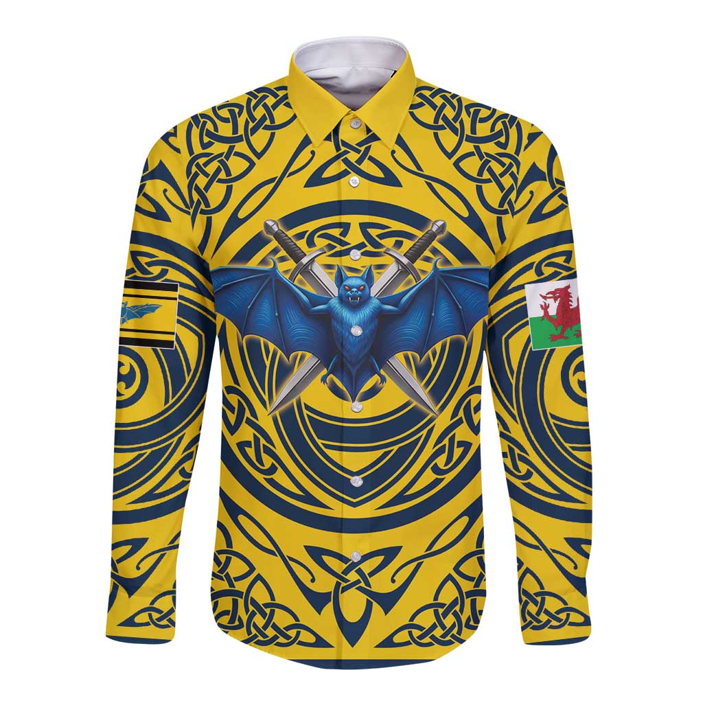 Personalized Brecknockshire Wales Long Sleeve Button Shirt Welsh Celtic Bat And Swords Design - Wonder Print Shop