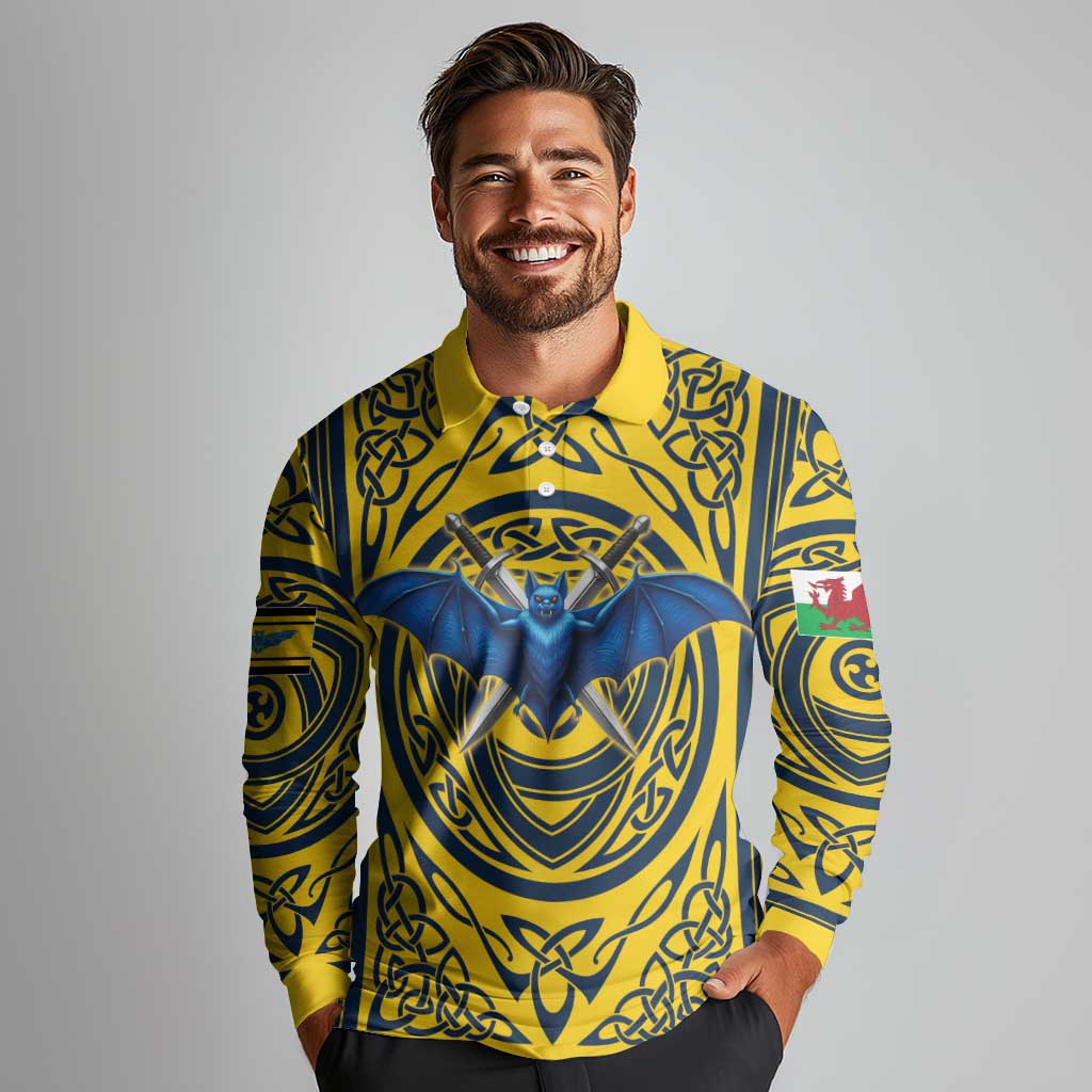 Personalized Brecknockshire Wales Long Sleeve Polo Shirt Welsh Celtic Bat And Swords Design - Wonder Print Shop